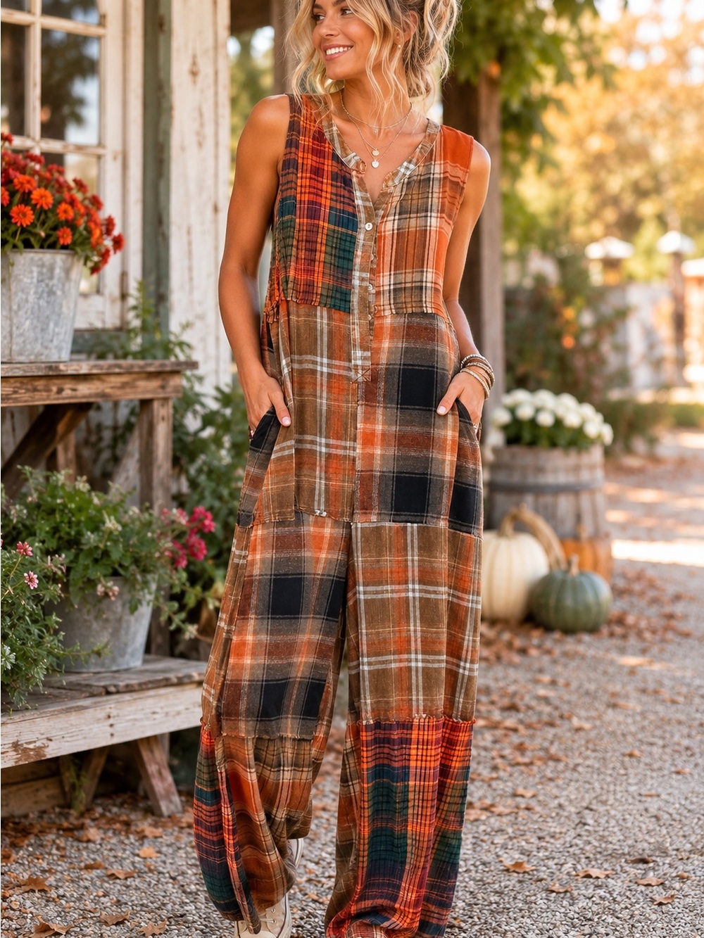 Oli & Hali Patchwork Plaid Sleeveless Wide-Leg Jumpsuit